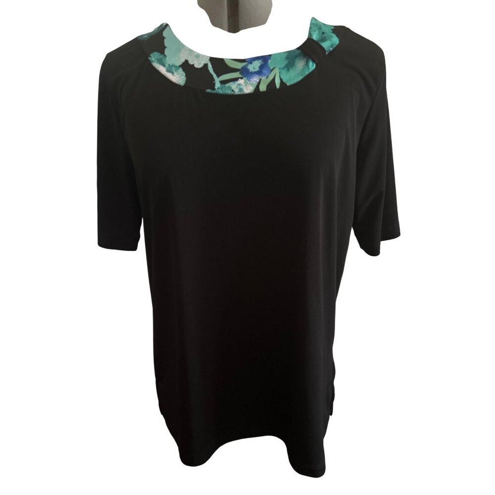 Vintage BonWorth Womens Black Floral Print Neckline Short Sleeve Top Size SP